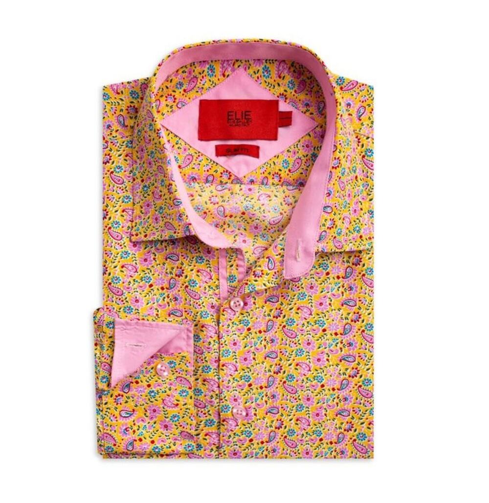$195 NWT Elie Balleh Slim Fit Yellow Polyester Paisley Print Dress Shirt 3XL